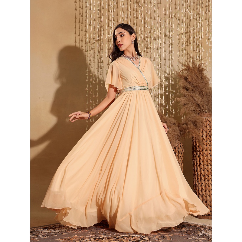 Peach Short Sleeves Lace Fit and Flare Maxi Dress for Women XS Peach