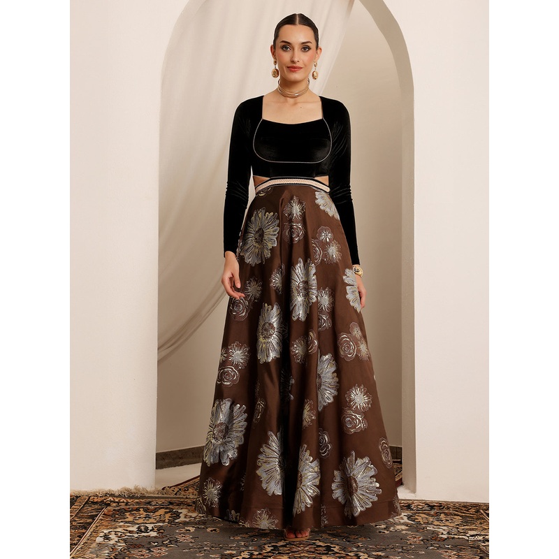 Raas Avi Brown Choli-Cut Floral Cut-Out Maxi Dress XS Brown