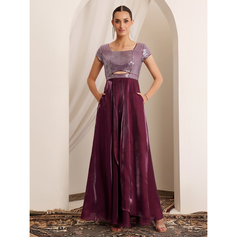 Tyeb Oppulence Dark Purple Embellished Satin Maxi Dress XS Dark Purple