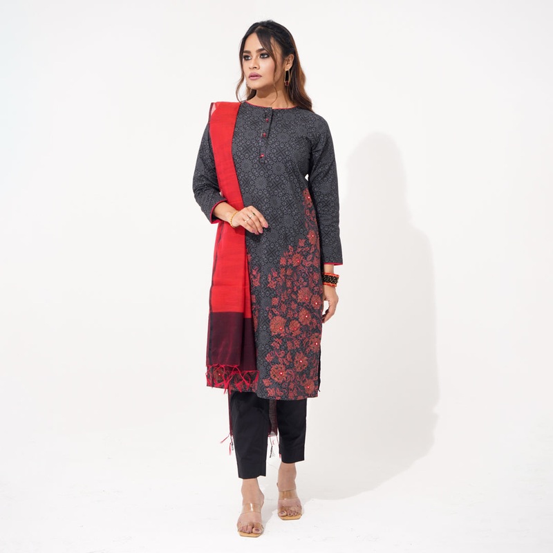 Women Black & Red Ethnic Three Piece Set S BLACK