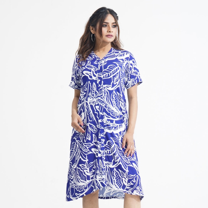 Women Flared Blue Shirt Dress S BLUE AOP