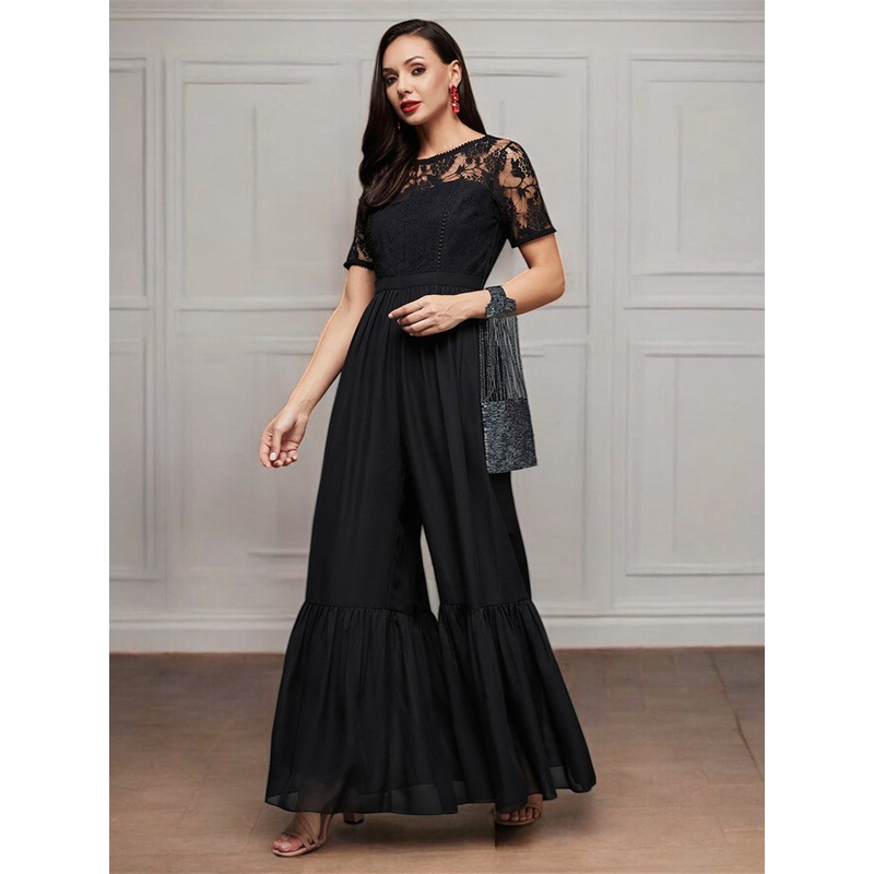 Women’s Black Round Neck Short Sleeve Solid Lace Overlaid Regular Jumpsuit XS Black
