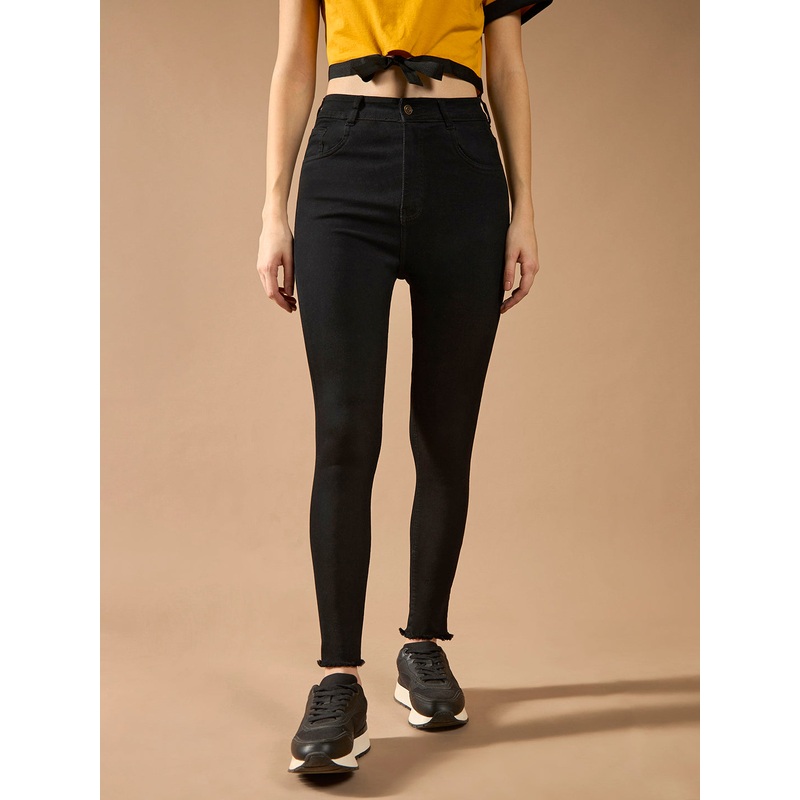 Women’s Black Skinny Fringed Detailing High-Rise Clean-Look Solid Cropped Stretchable Denim Jeans 26 Black