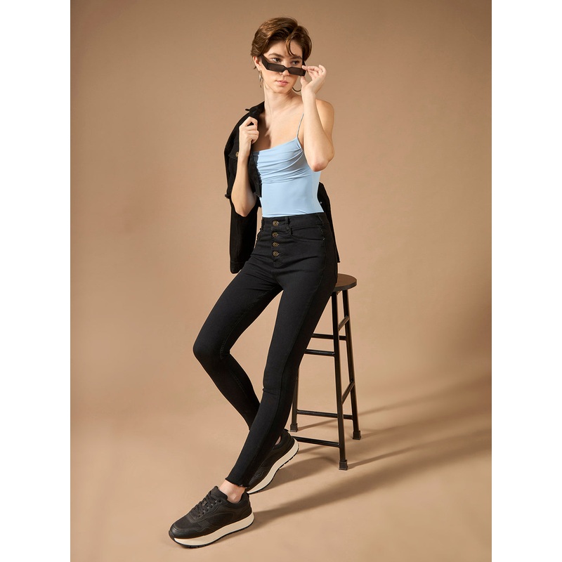 Women’s Black Skinny High-Rise Clean-Look Cropped Fringed Hemline Solid Stretchable Denim Jeans 26 Black