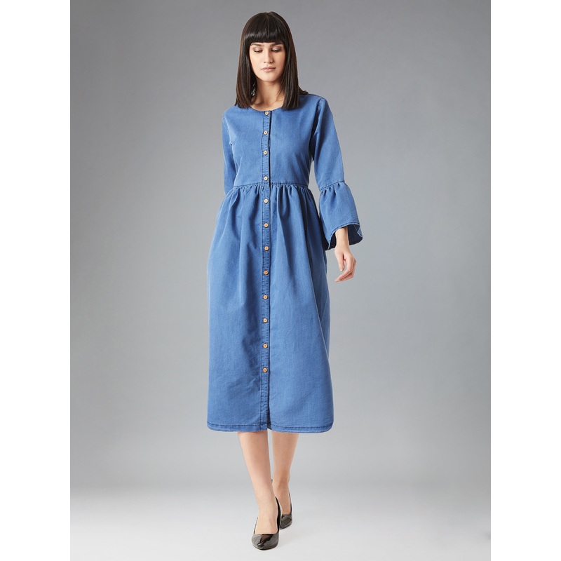 Women’s Blue Round Neck Ruffled Full Sleeve Denim Solid Buttoned Midi Dress XS Blue