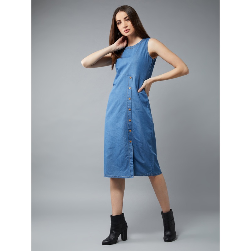 Women’s Blue Round Neck Sleeveless Cotton Solid Front Slit Buttoned Cut-Out Midi Denim Dress XS Blue