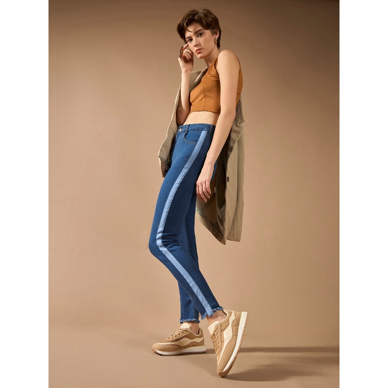 Women’s Blue Skinny High-Rise Clean-Look Fringe And Silky Denim Tape Detailing Cropped Denim Jeans 26 Blue