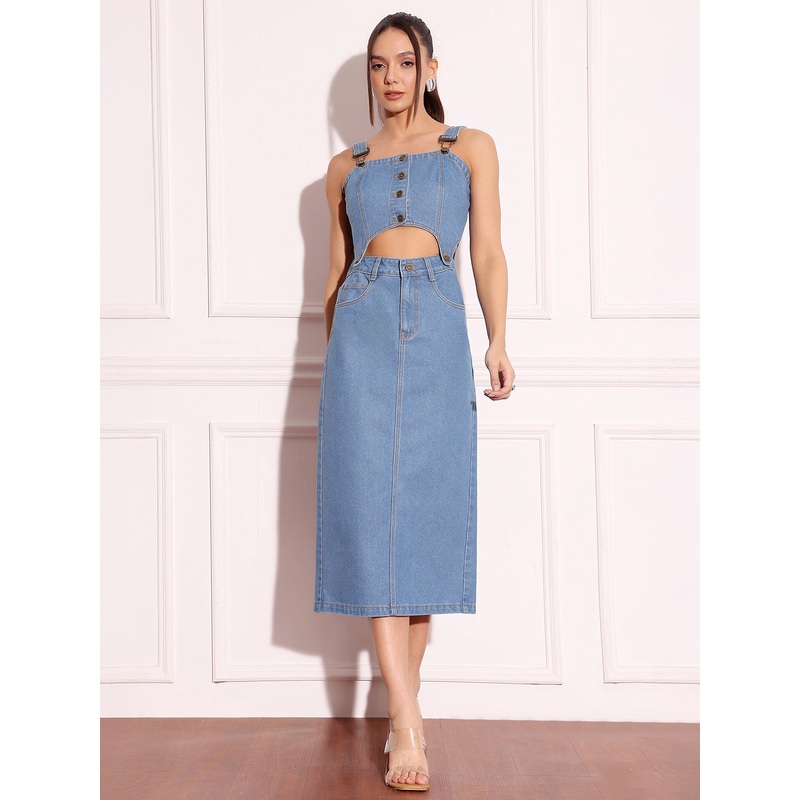 Women’s Blue Square Neck Sleeveless Solid Pinafore Detachable Midi Denim Co-Ord Set XS Blue