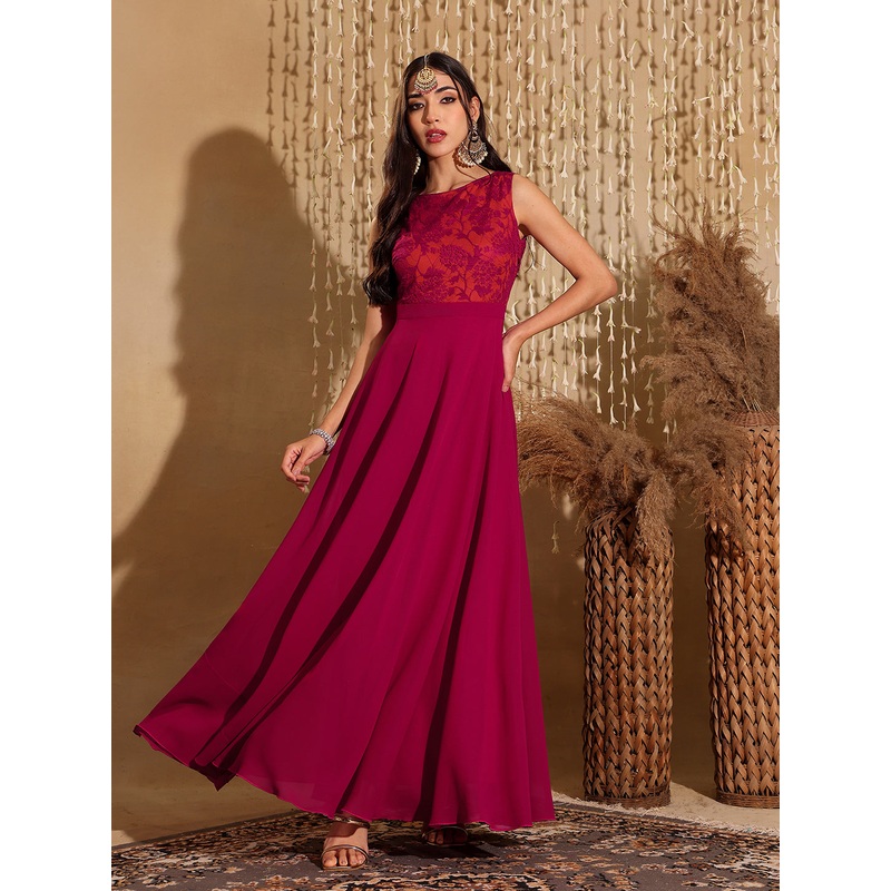 Women’s Dark Pink & Rust Boat Neck Sleeveless Self Design Lace Overlaid Regular Dress XS Dark Pink