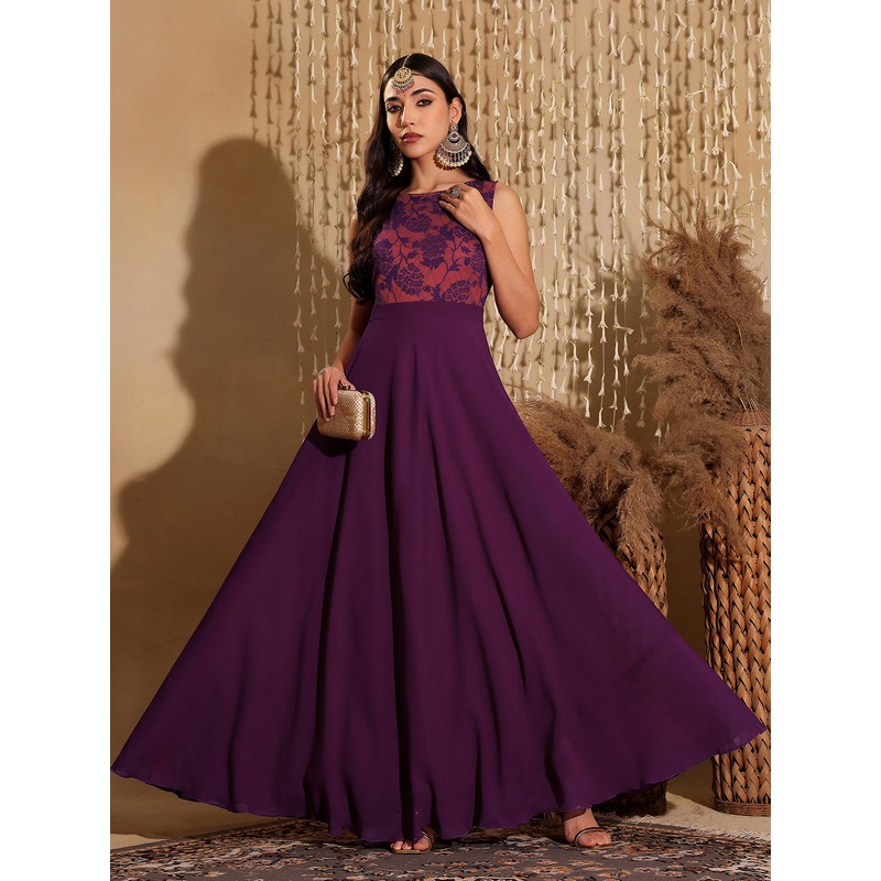 Women’s Dark Purple Round Neck Sleeveless Georgette & Lace Floral Fit & Flare Maxi Dress XS Dark Purple