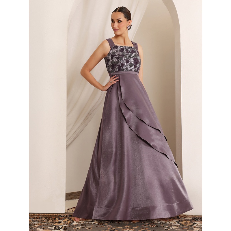 Women’s Dusty Purple Square Neck Sleeveless Embellished Layered Satin Maxi Dress XS Purple