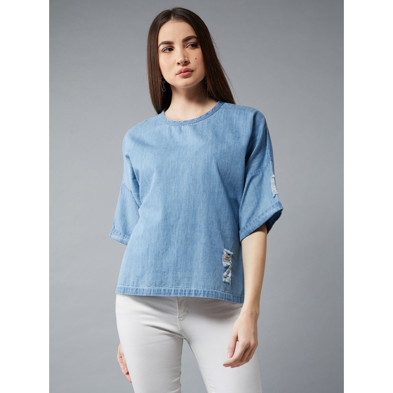 Women’s Light Blue Round Neck Half Sleeves Solid Boxy Regular Ripped Top XS Light Blue