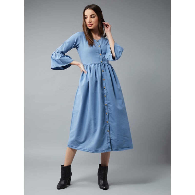 Women’s Light Blue Round Neck Ruffled Full Sleeve Denim Solid Buttoned Midi Dress XS Blue