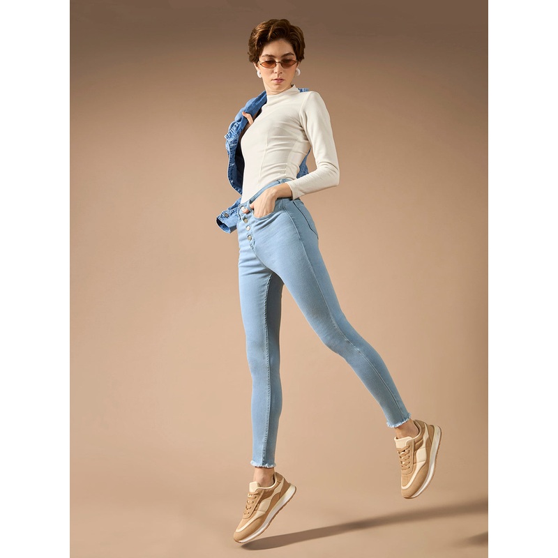 Women’s Light Blue Skinny High-Rise Clean-Look Fringed Hemline Cropped Acid Wash Solid Stretchable Denim Jeans 26 Light Blue