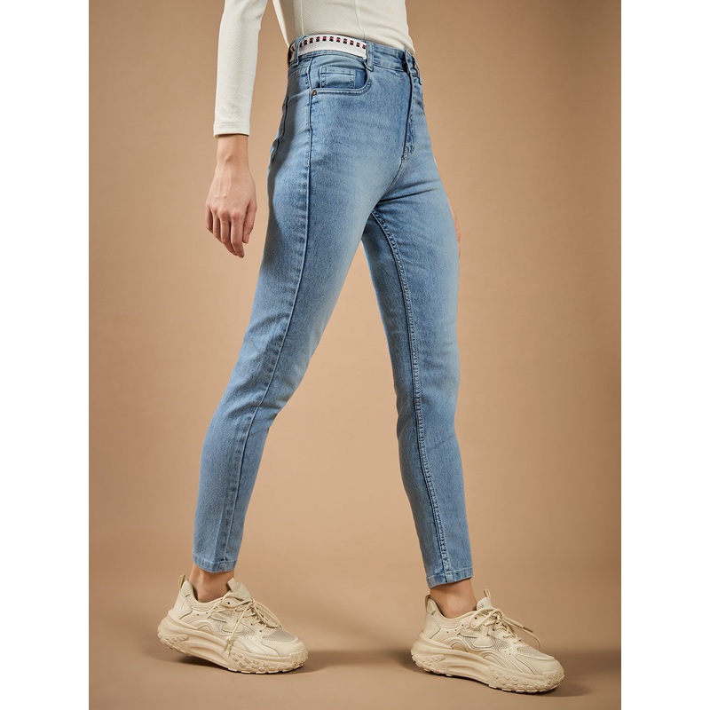 Women’s Light Blue Slim Fit High-Rise Regular-Length Light Wash Twill Tape Detailing Denim Stretchable Jeans 26 Blue