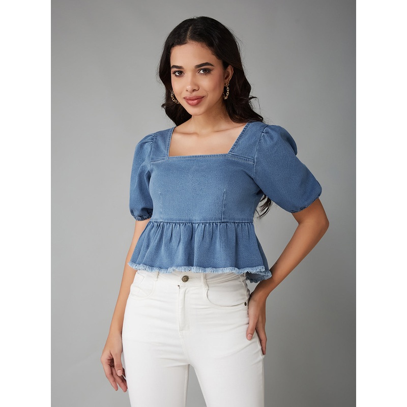 Women’s Light Blue Square-Neck Puff-Sleeve Peplum-Styled Denim Cropped Top XS Blue