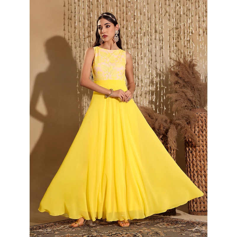 Women’s Light Yellow Round Neck Sleeveless Georgette & Lace Floral Fit & Flare Maxi Dress XS Yellow