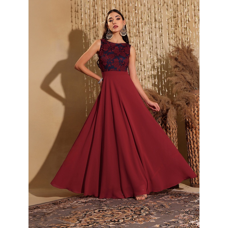 Women’s Maroon & Teal Boat Neck Sleeveless Self Design Lace Overlaid Maxi Dress XS Maroon