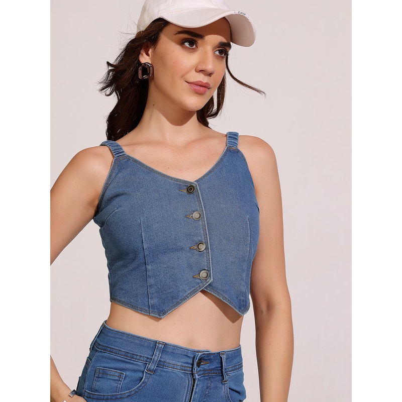 Women’s Mid-Blue V-Neck Elasticated Straps Solid Waistcoat-Styled Cropped Denim Top XS Blue