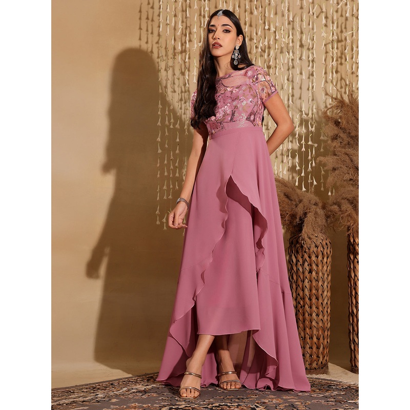 Women’s Multicolored-Base-Dusty Lavender Round Neck Short Sleeve Floral Layered Georgette Midi Dress XS Lavender