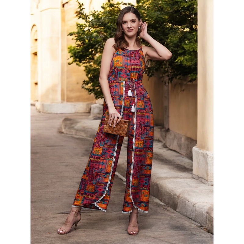 Women’s Multicolored-Base-Wine Round Neck Cowl Sleeve Floral Wide-leg Viscose-Rayon Regular Length Jumpsuit XS Wine