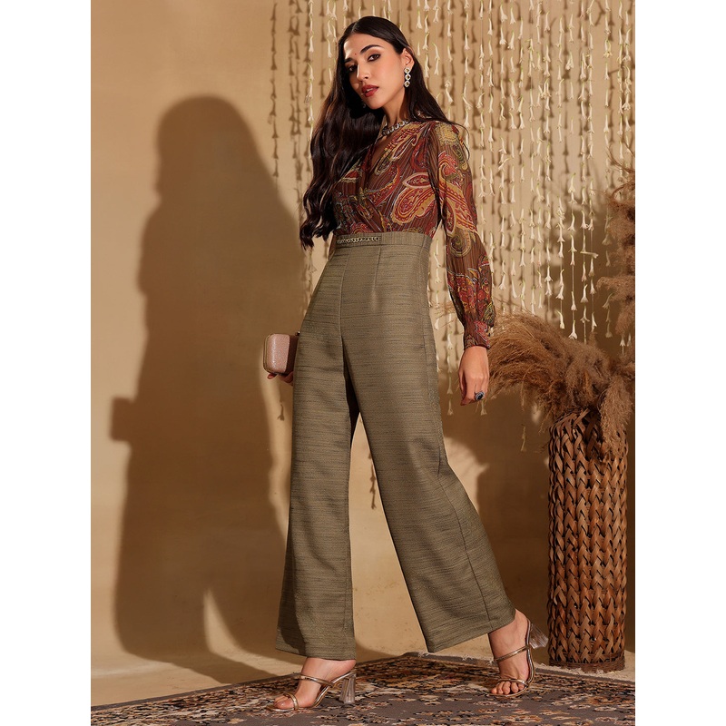 Women’s Multicolored V-Neck Bishop Sleeve Bohemian Patterned Straight Leg Wrap Regular Silk Jumpsuit XS Multicolored
