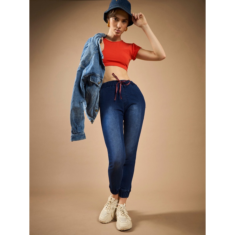 Women’s Navy Blue Solid Mid-Rise Clean-Look Regular-Length Stretchable Denim Jogger Pants 26 Navy Blue