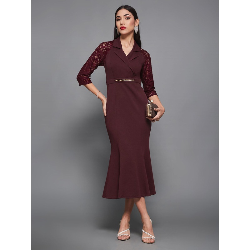 Women’s Wine Notched Collar Three-Quarter Sleeve Self-Designed Bodycon Midi Dress XS Wine