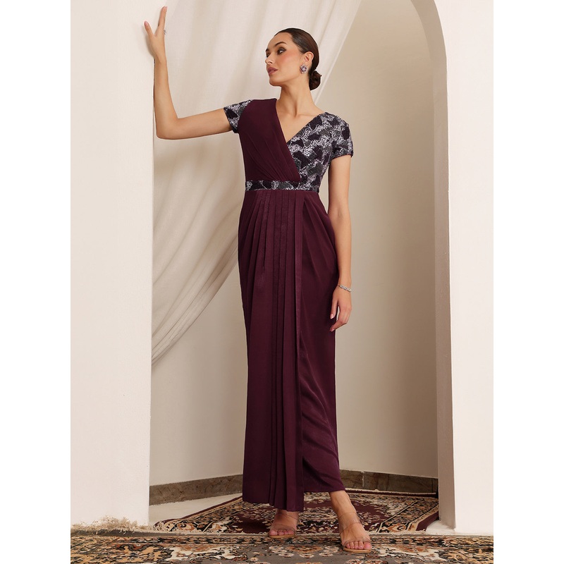 Women’s Wine V-Neck Short Sleeve Embellished Pleated Satin Maxi Dress XS Wine