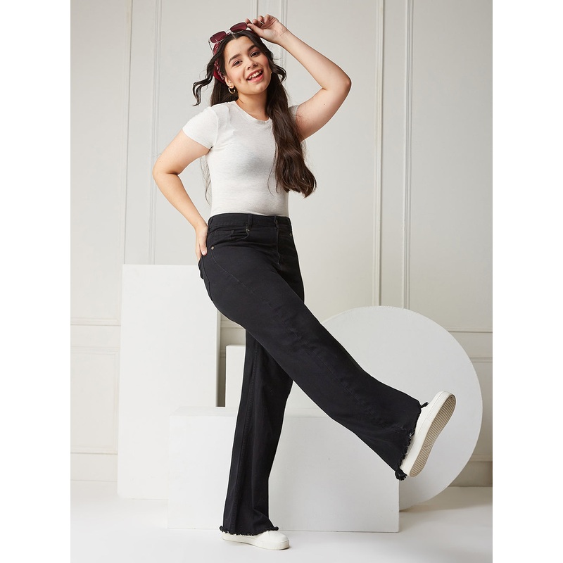 Black High Rise Clean-Look Regular-Length Stretchable Wide Leg Denim Jeans 12-13Y Black