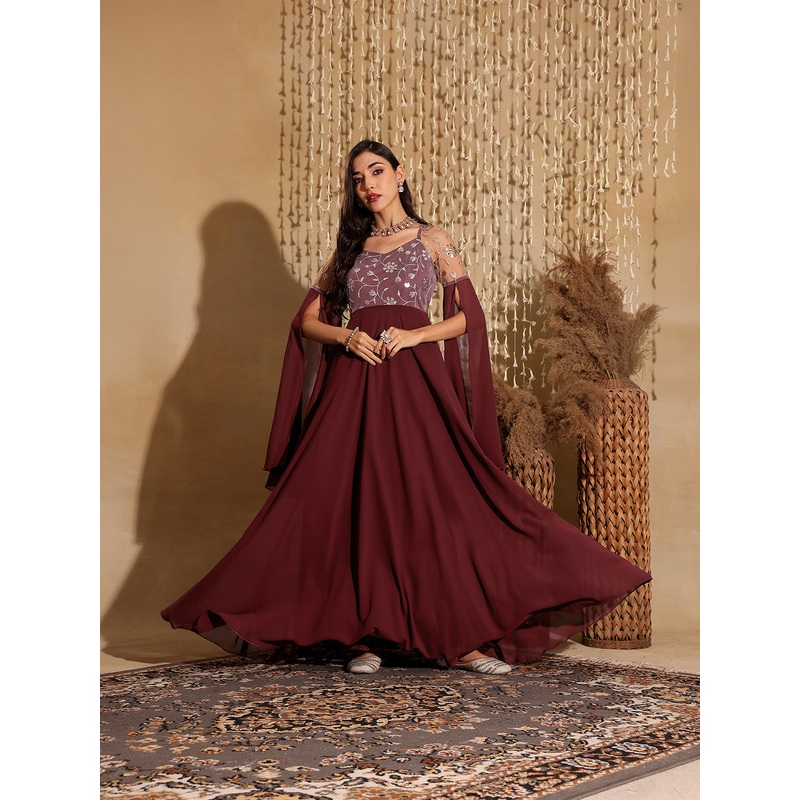 Wine Bell Sleeves Floral Sequinned Maxi Dress for Women XS Wine