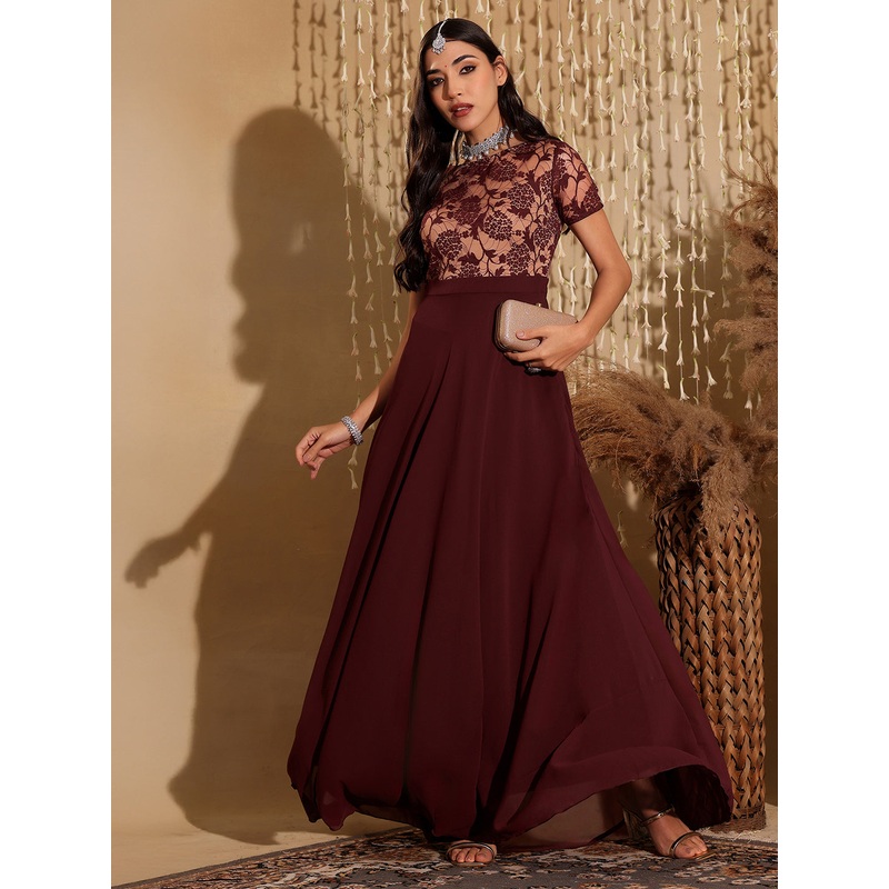 Wine Short Sleeves Lace Fit and Flare Maxi Dress for Women 2XS Wine