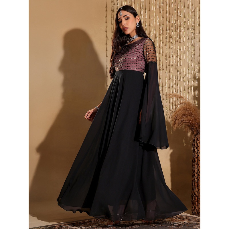 Women’s Black & Lavender Relaxed Fit Maxi Georgette & Sequins Dress XS Black