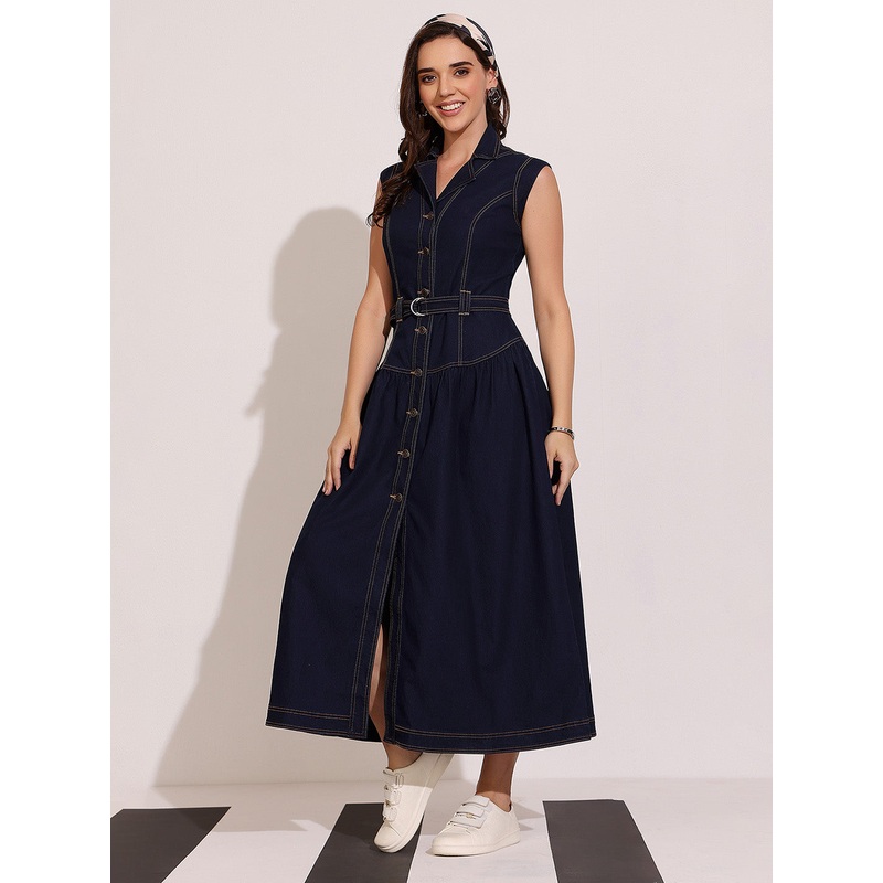Women’s Dark Blue Notched-Collar Sleeveless Solid Drop Waist Maxi-Length Light Weight Denim Shirt Dress XS Blue