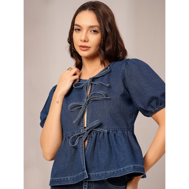 Women’s Dark Blue Round Neck Puff Sleeve Solid Denim Peplum Top XS Blue