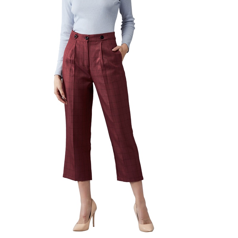 Women’s Maroon Checkered Pleated Regular Length Trouser XS Maroon