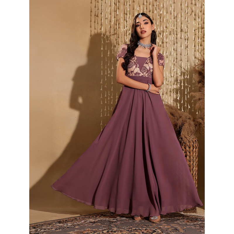 Women’s Mauve Square-Neck Raglan-Sleeve Self-Designed Flared Georgette Maxi Dress XS Mauve