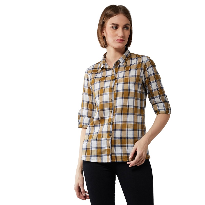 Women’s Multicolor-Base White Collared Neck 3/4 Sleeves Checkered Basic Shirt XS Multicolor
