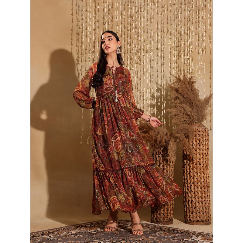 Women’s Multicolored-Base-Brown Relaxed Fit Maxi Lurex Chiffon Dress XS Brown