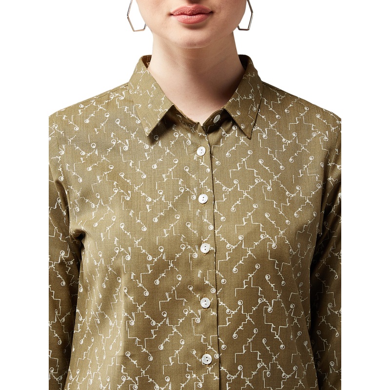 Women’s Multicolored-Base Olive Green Collared 3/4 Sleeves Printed Basic Regular Length Shirt XS Multicolor
