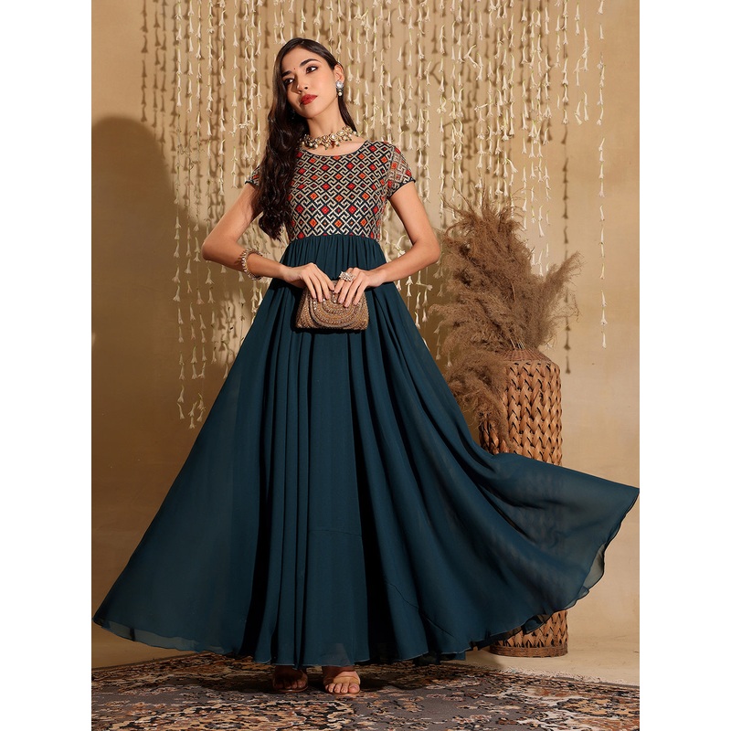 Women’s Multicolored-Base-Teal Round Neck Short Sleeve Embroidered Fit and Flared Georgette Maxi Dress XS Teal