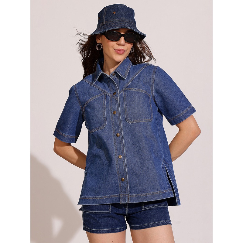 Women’s Navy Blue Boxy Denim Shirt XS Blue