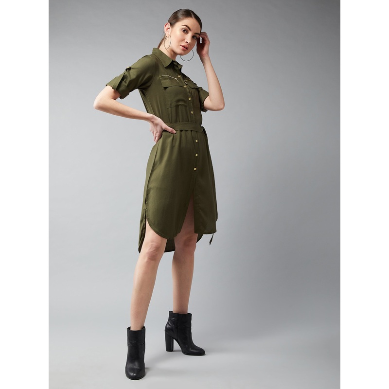 Women’s Olive Green Collared Three Quarter Sleeved Solid Knee-Length Shirt Dress XS Green