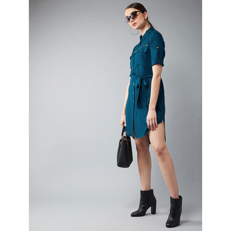 Women’s Teal Collared Three-Fourth Sleeved Solid Knee-Length Shirt Dress XS Blue