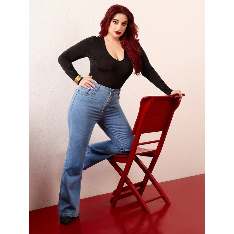 24/7 Comfort Light Blue Bootcut High-Rise Clean-Look Stretchable Denim Jeans 26 Light Blue