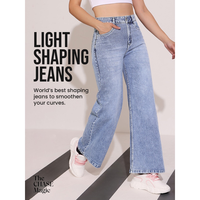 CHASEshape Women’s Light Blue High Rise Clean Look Regular-Length Stretchable Denim Wide Leg Shaping Jeans 26 Blue