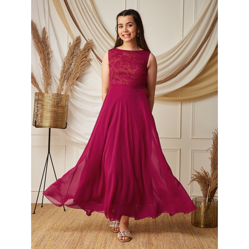 Dark Pink Boat-Neck Sleeveless Solid Lace Overlaid Polyester Maxi Dress 8-9Y Pink