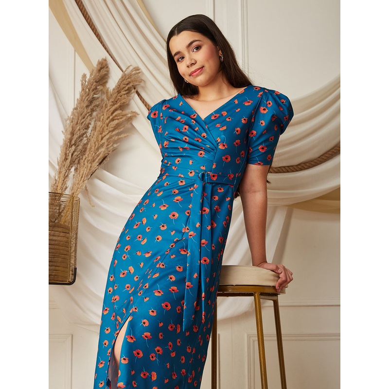 Multicolored-Base-Blue V-Neck Pleated Puff Sleeve Floral Patterned Wrap Midi Polyester Dress 14-15Y Multicolored