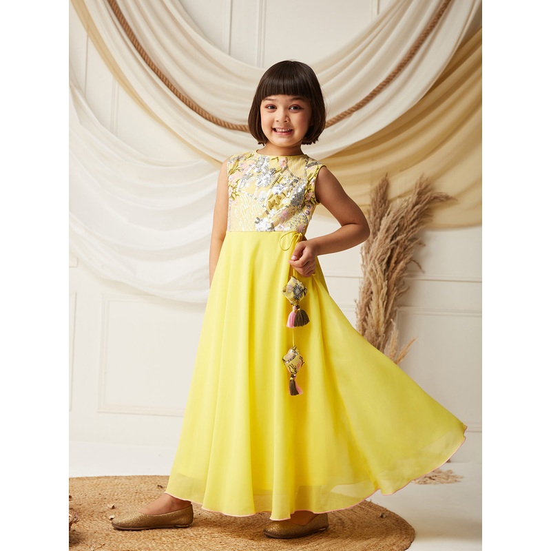 Multicolored-Base-Light Yellow Round-Neck Sleeveless Embellished Flared Polyester Maxi Dress 3-4Y Yellow