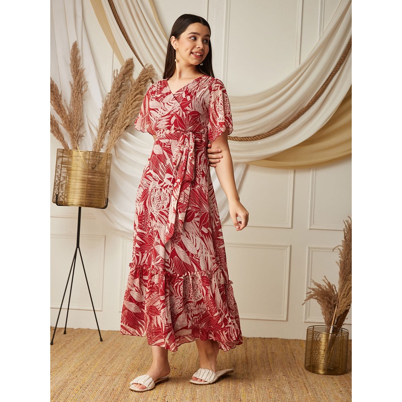 Multicolored-Base-Maroon V Neck Flared Sleeve Floral Wrap Maxi Dress 14-15Y Multicolored